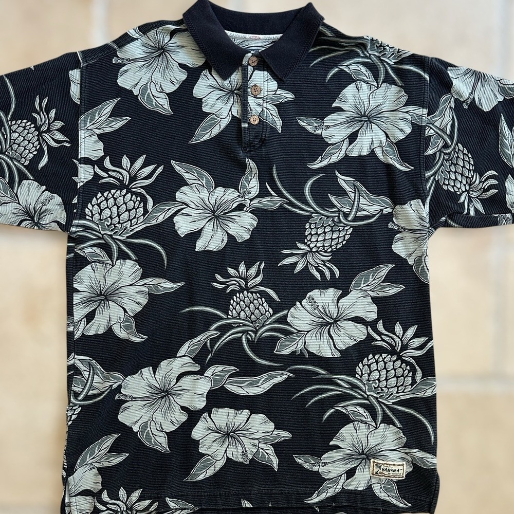 Vintage Tommy Bahama Hawaiian Pineapple Floral Shirt Mens Medium Black Cotton